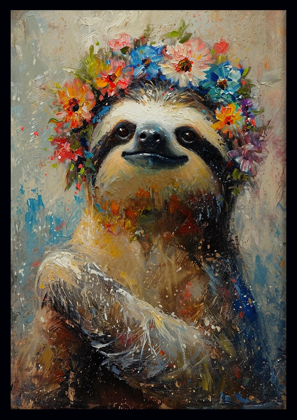 Floral Crown Sloth Wall Art – Whimsical Animal Canvas & Poster Print – T1390 –