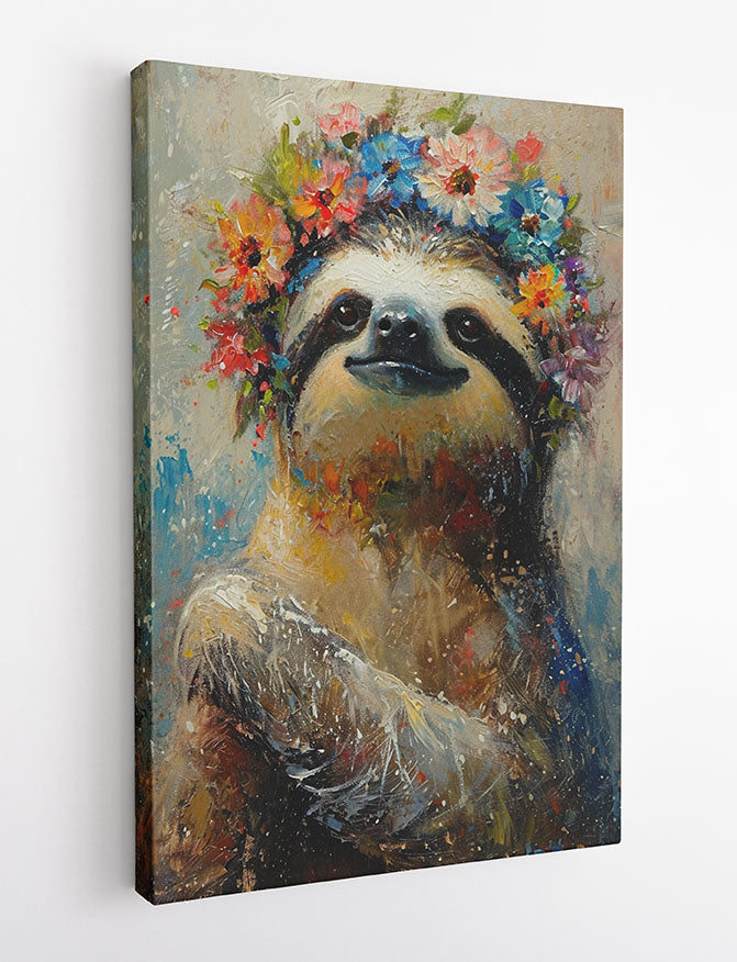 Floral Crown Sloth Wall Art – Whimsical Animal Canvas & Poster Print – T1390 –