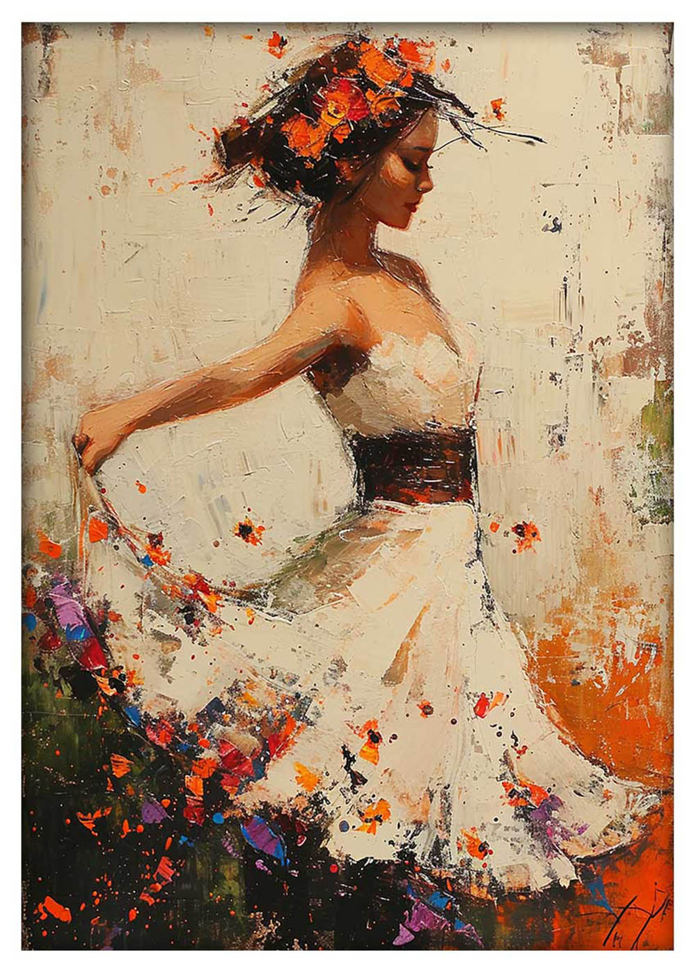 Floral Dancer in Motion – Elegant Woman in White Dress Canvas & Poster Art – T919 – AiPrintLab