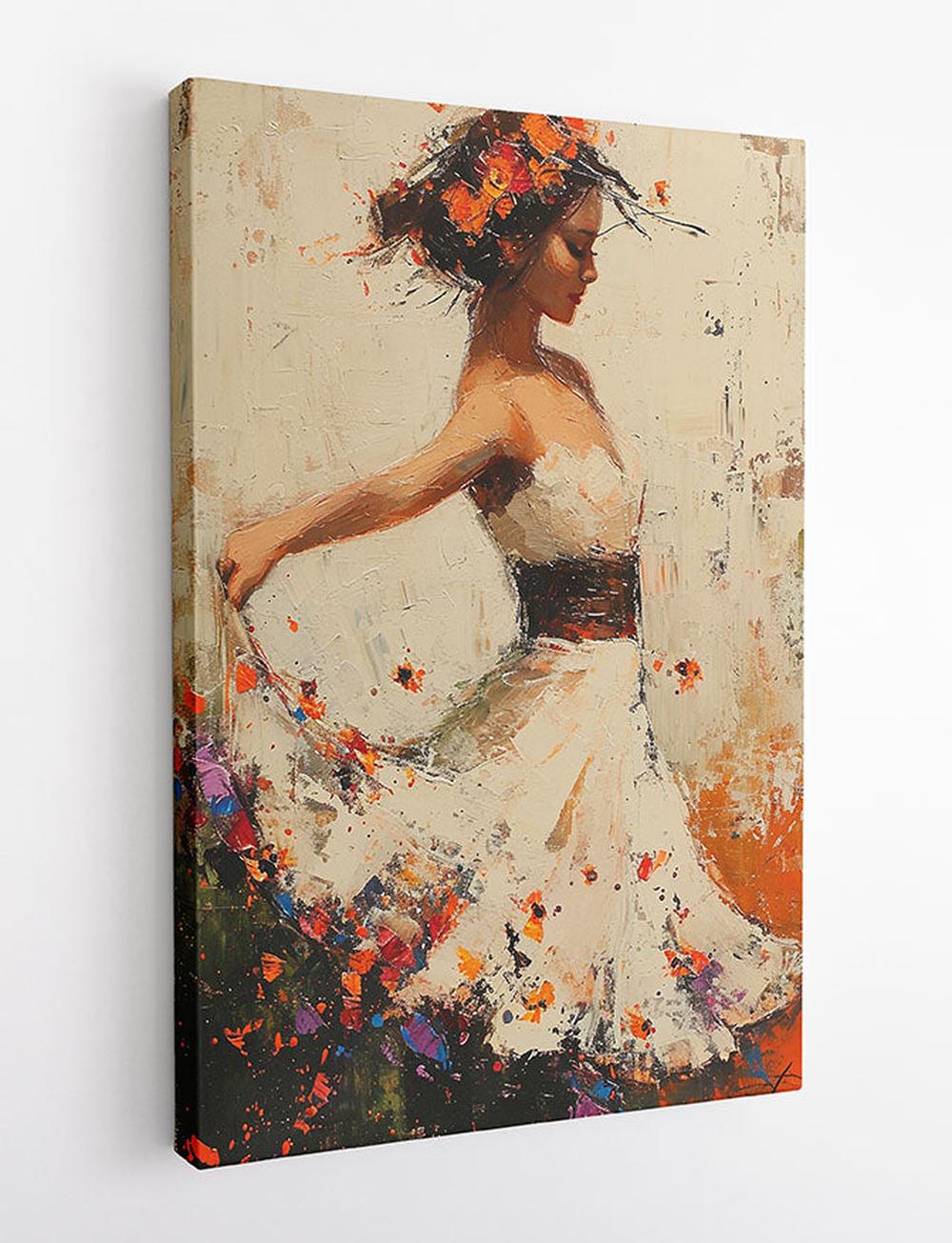 Floral Dancer in Motion – Elegant Woman in White Dress Canvas & Poster Art – T919 – AiPrintLab