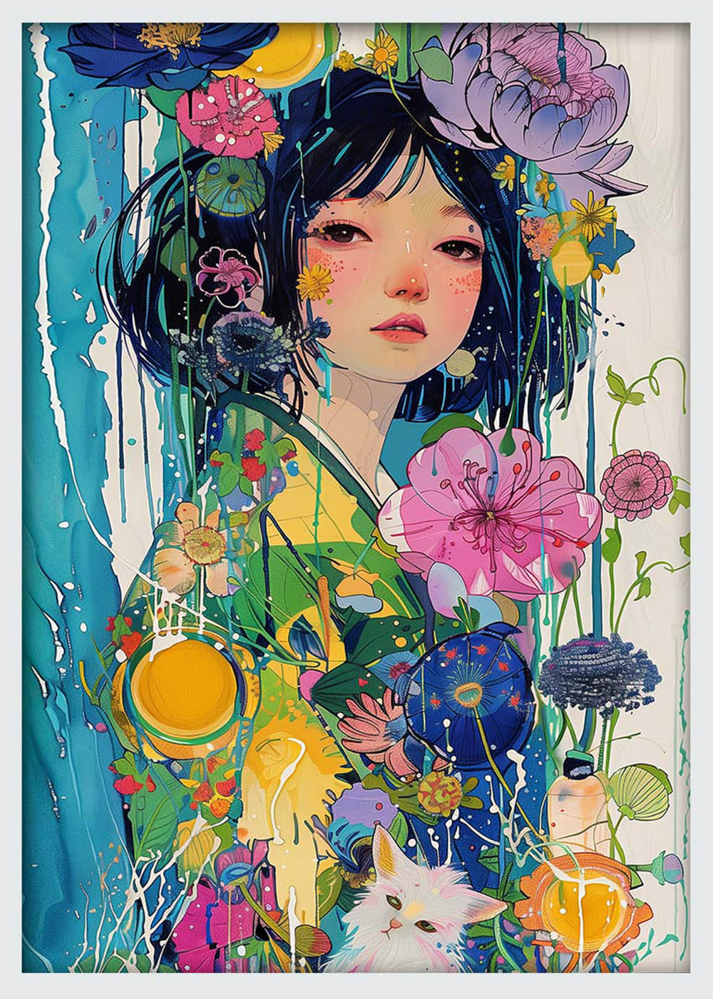 Floral Dream Girl – Vibrant Asian Portrait with Flowers Canvas & Poster Art – T991 – AiPrintLab