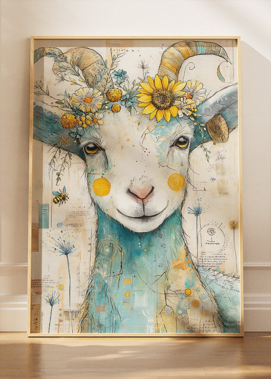 Floral Goat Wall Art Print & Canvas – Whimsical Farm Animal Artwork