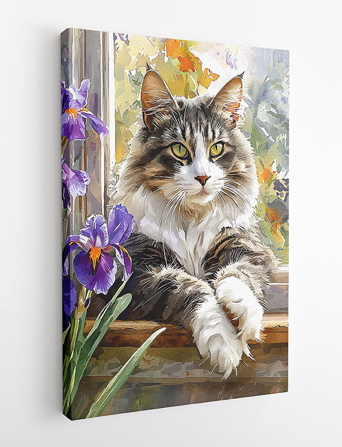 Fluffy Cat by Window with Irises – Serene Garden View Canvas & Poster Wall Art – T1288 – AiPrintLab