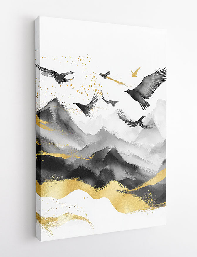 Flying Birds Over Mountains – Black, White & Gold Canvas & Poster Wall Art – T1404 –