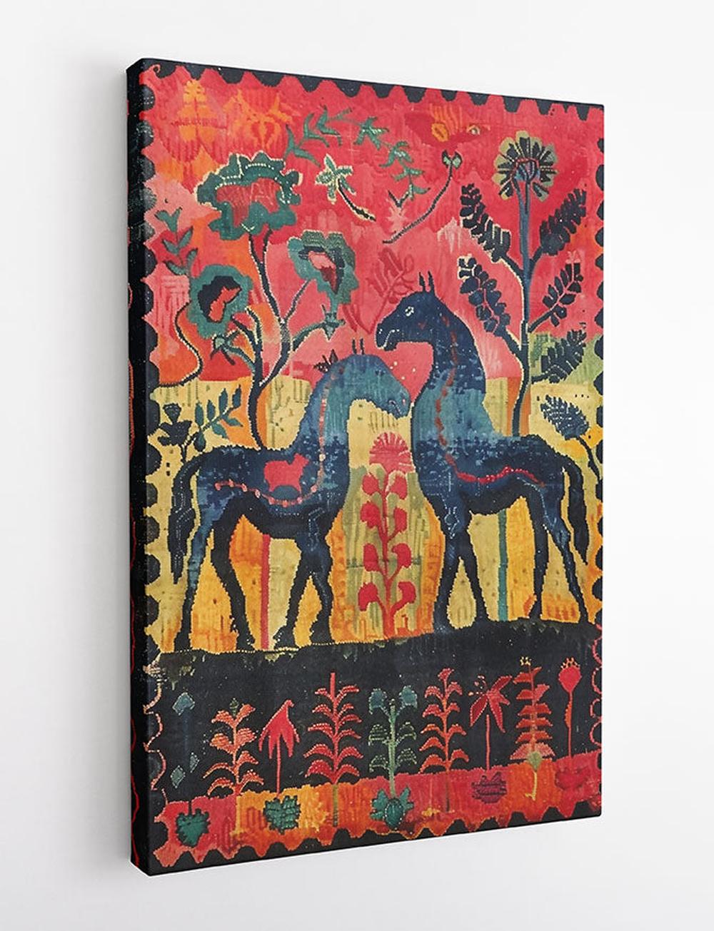 Folk Horses & Floral Pattern – Vintage Tapestry Style Canvas & Poster Art – T831 – AiPrintLab