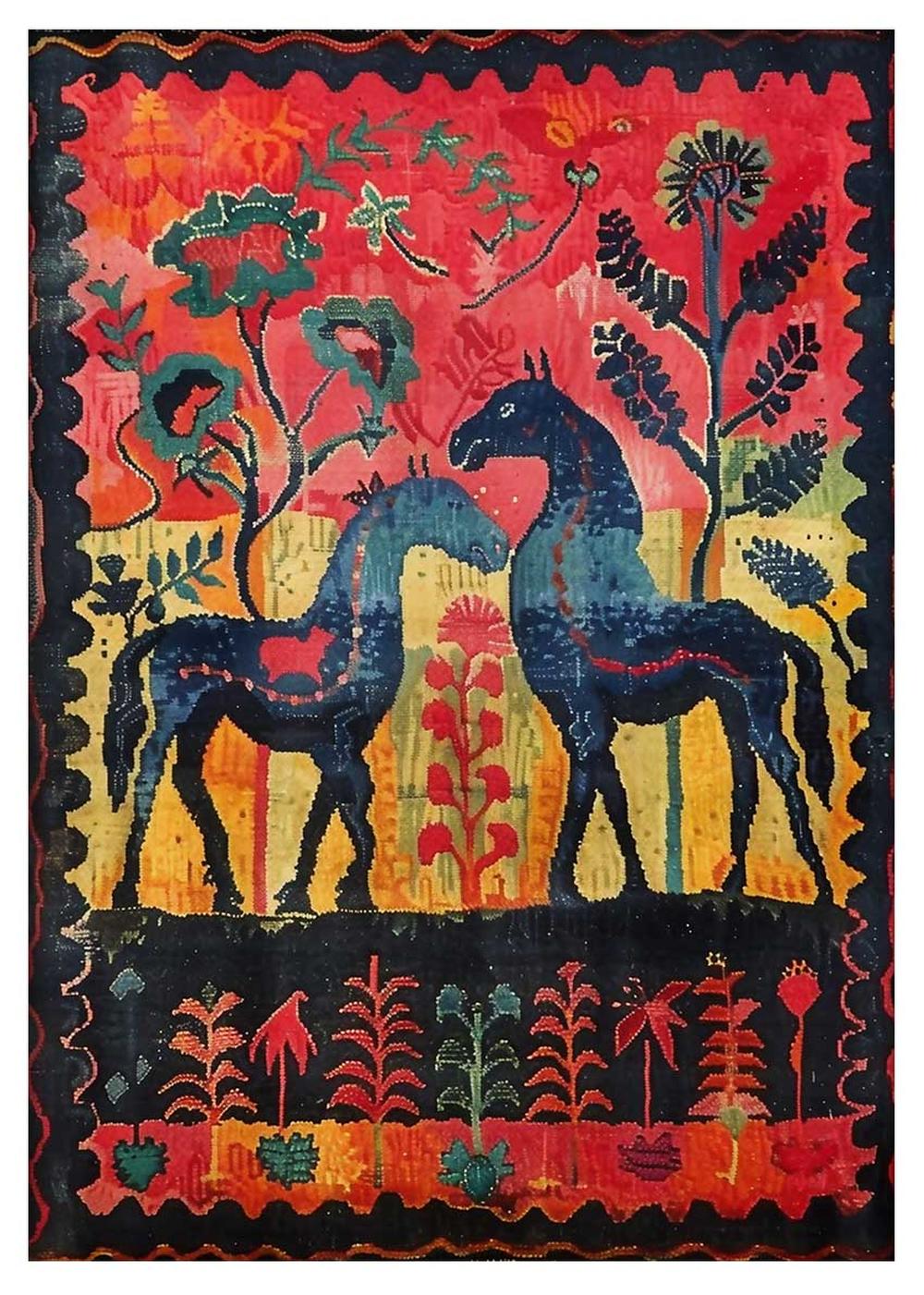 Folk Horses & Floral Pattern – Vintage Tapestry Style Canvas & Poster Art – T831 – AiPrintLab