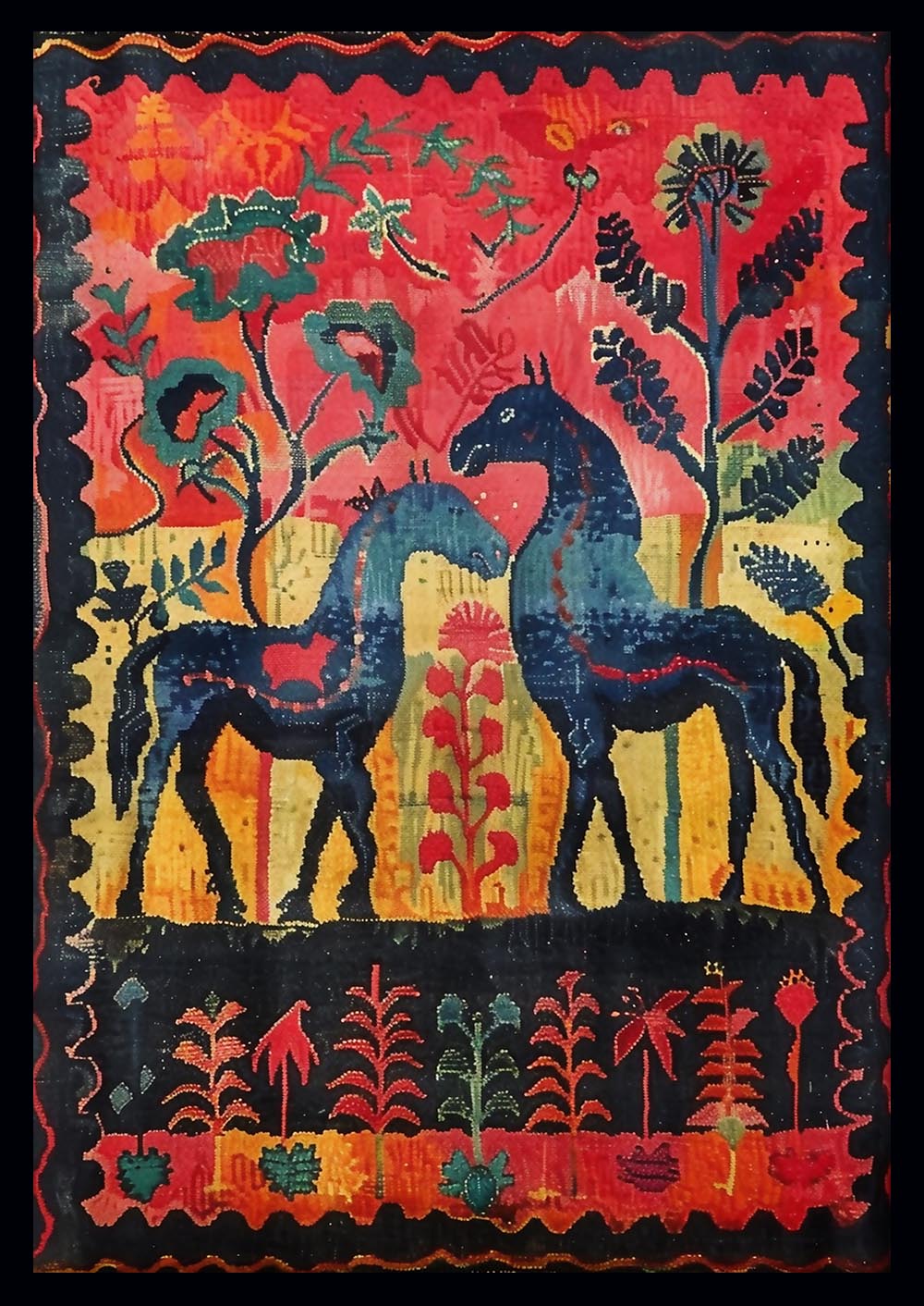 Folk Horses & Floral Pattern – Vintage Tapestry Style Canvas & Poster Art – T831 – AiPrintLab
