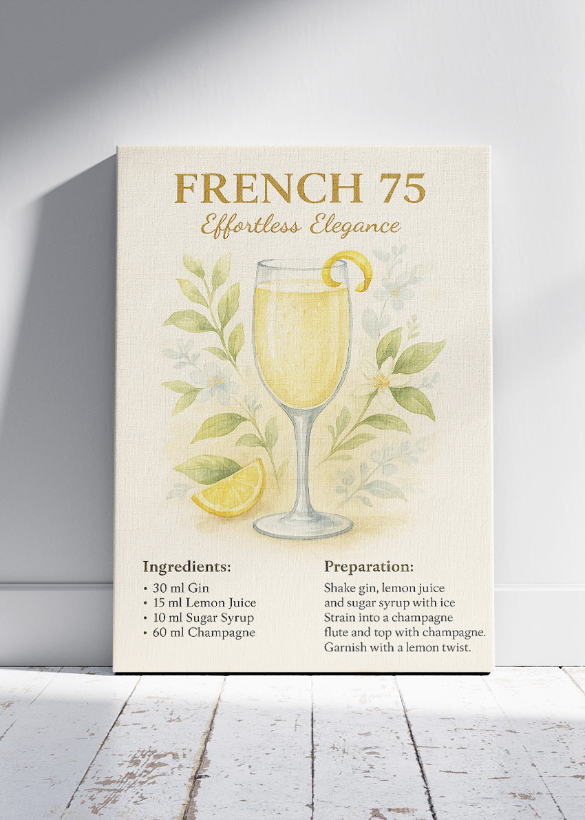 French 75 Elegant Cocktail Poster & Canvas Print | Floral Champagne Drink Wall Art