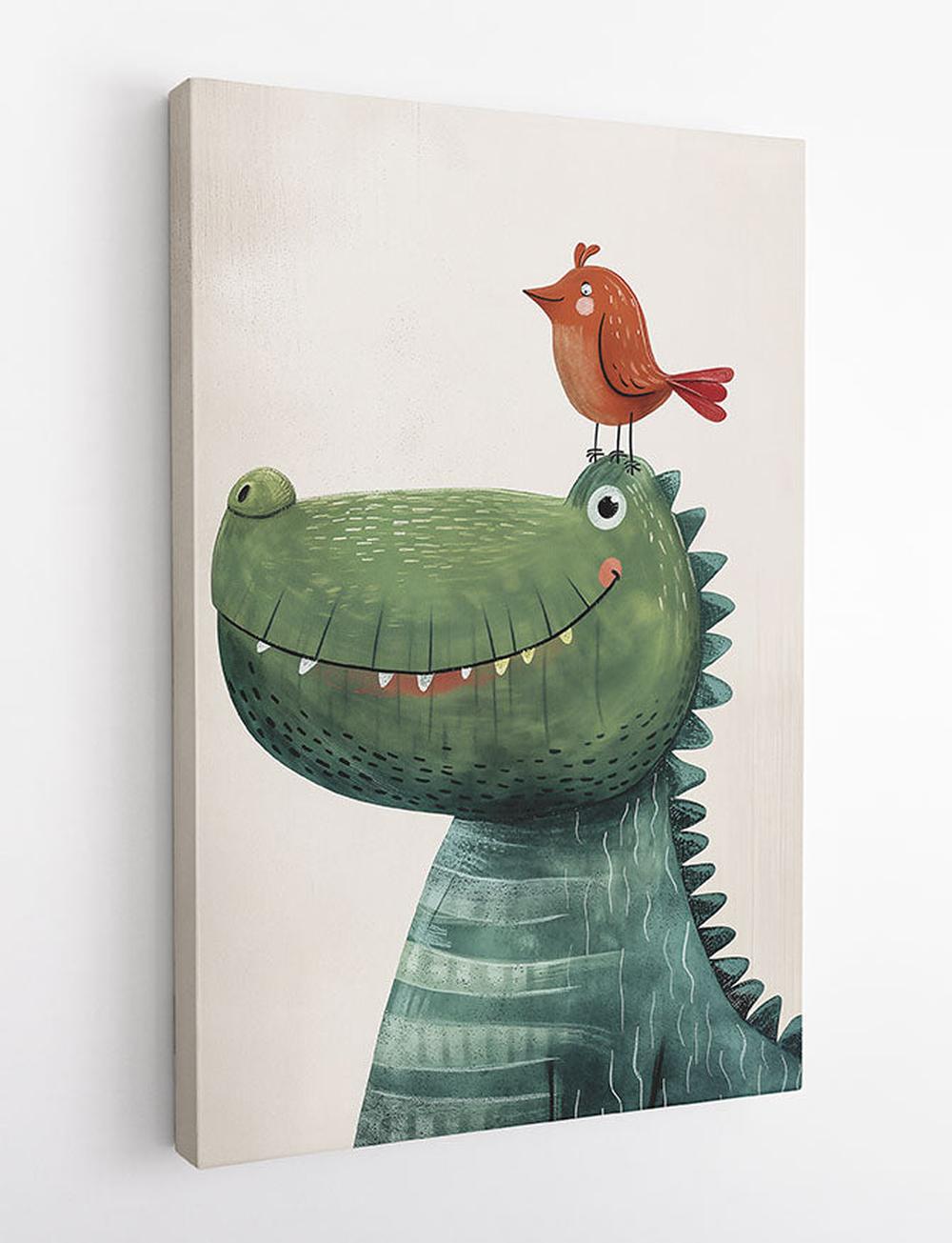 Friendly Crocodile and Bird – Whimsical Kids Poster & Canvas Art – T771 – AiPrintLab
