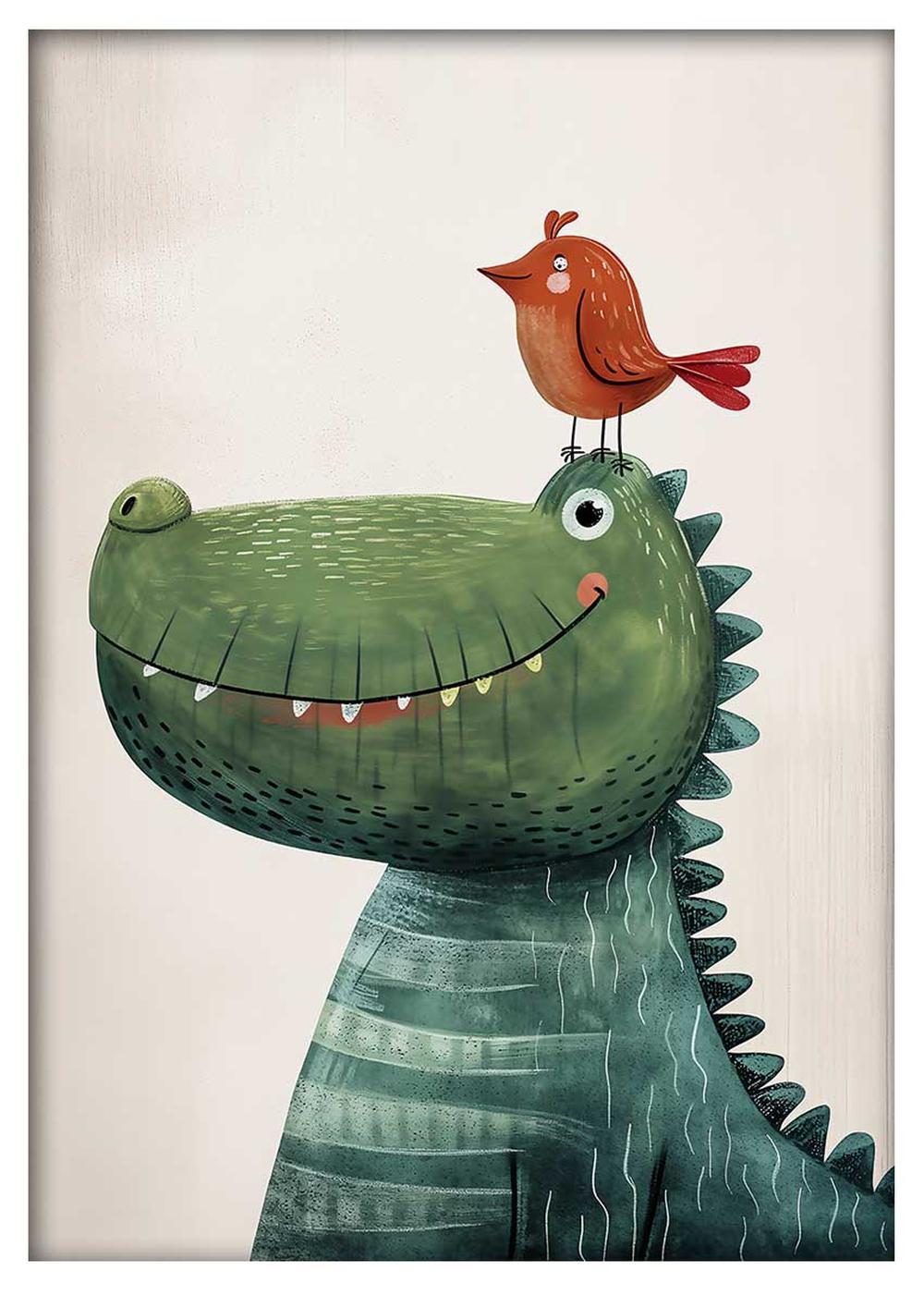 Friendly Crocodile and Bird – Whimsical Kids Poster & Canvas Art – T771 – AiPrintLab