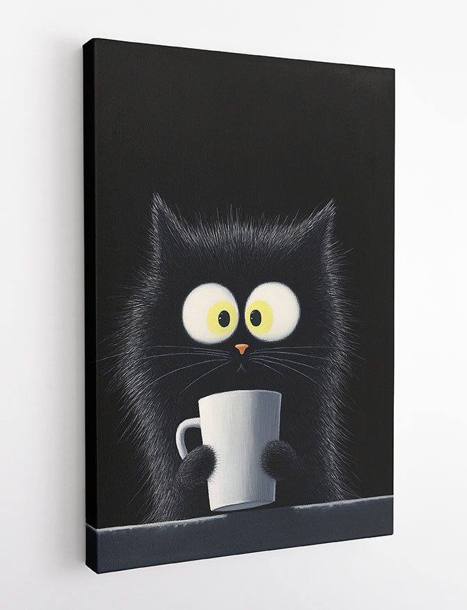 Funny Black Cat Holding Coffee Mug – Cute Cartoon Animal Art Print – T1170 – AiPrintLab
