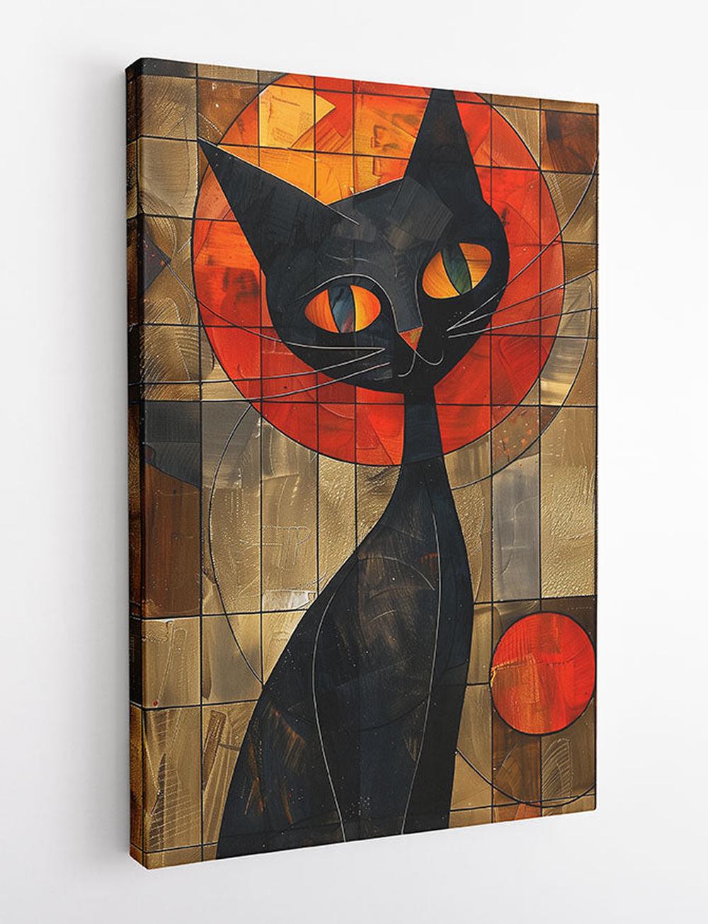 Geometric Black Cat with Orange Sun – Abstract Art Poster & Canvas Print – T926 – AiPrintLab
