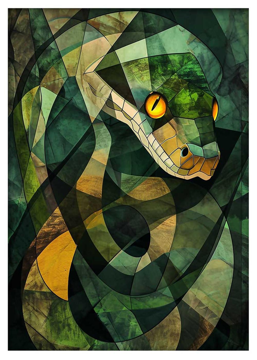Geometric Serpent – Abstract Snake Art in Green Mosaic Style – T883 – AiPrintLab
