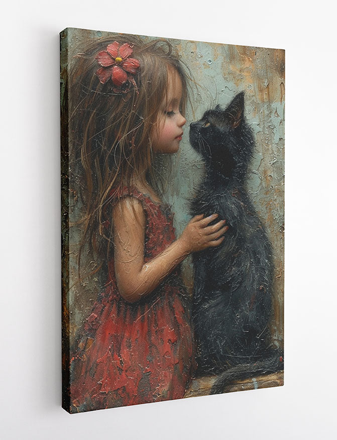 Girl & Black Cat – Emotional Friendship Canvas & Poster Wall Art – T1225 – AiPrintLab