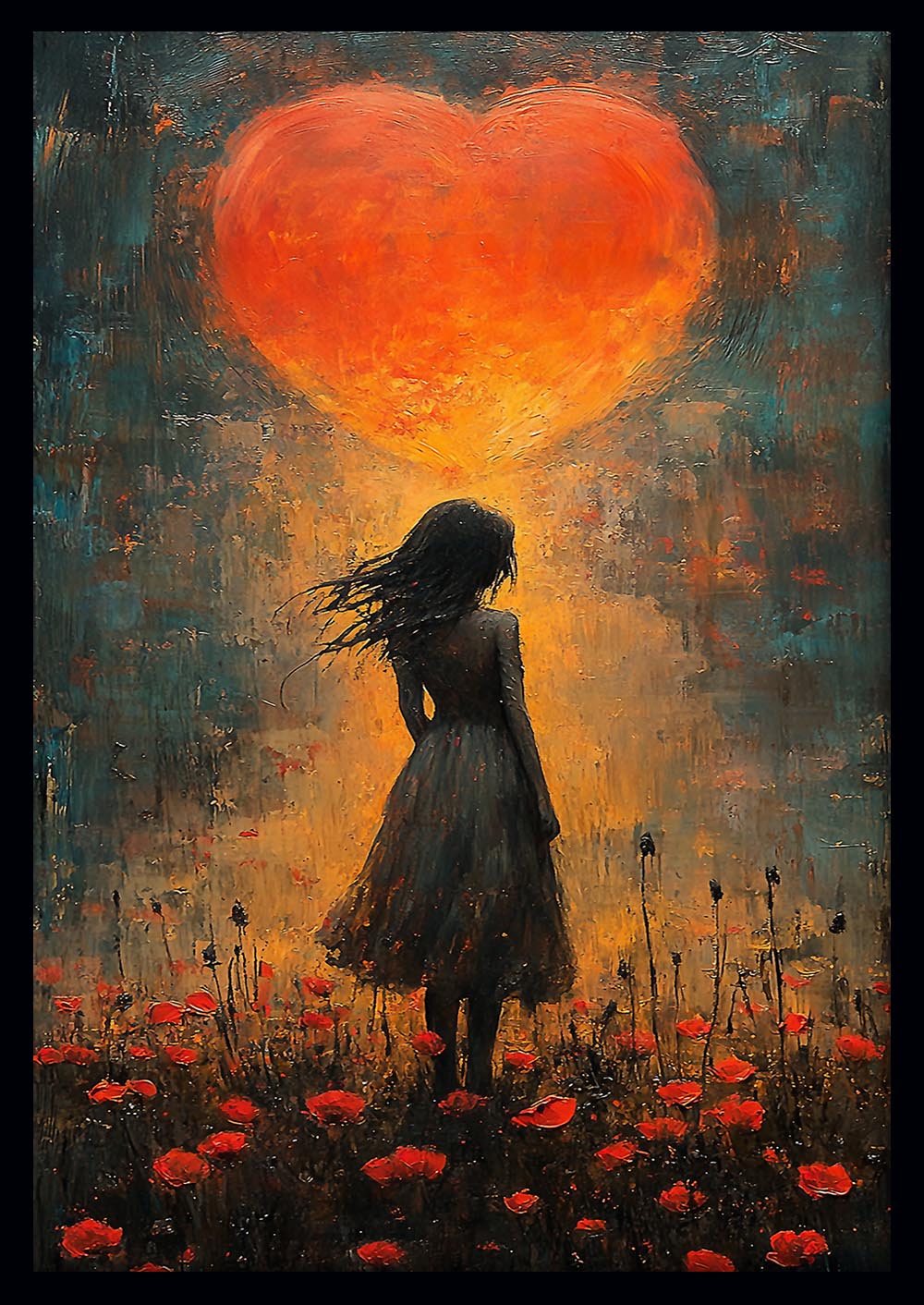 Girl in Poppy Field Under Glowing Heart – Emotional Silhouette Canvas & Poster Wall Art – T1279 – AiPrintLab