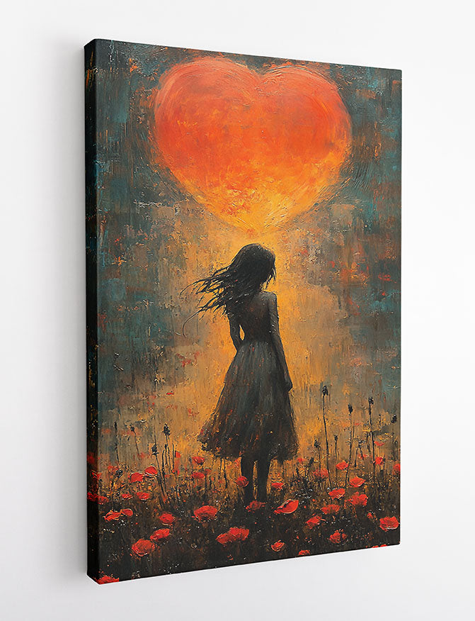 Girl in Poppy Field Under Glowing Heart – Emotional Silhouette Canvas & Poster Wall Art – T1279 – AiPrintLab