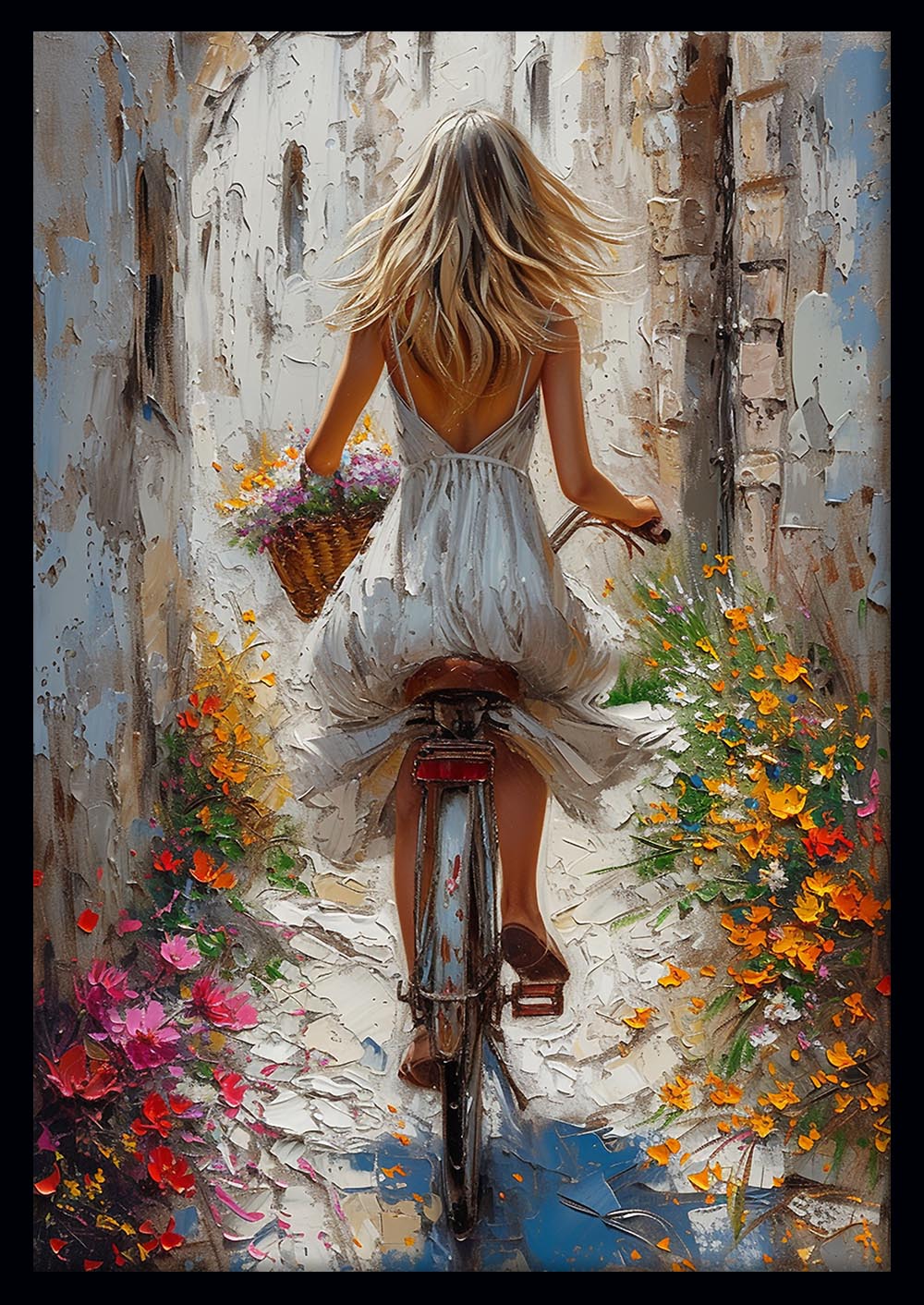Girl on Bicycle Canvas Wall Art & Poster Print | Romantic Floral Ride Painting – T1329 – Aiprintlab 1