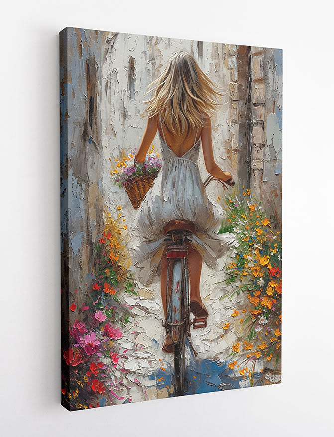 Girl on Bicycle Canvas Wall Art & Poster Print | Romantic Floral Ride Painting – T1329 – Aiprintlab 2
