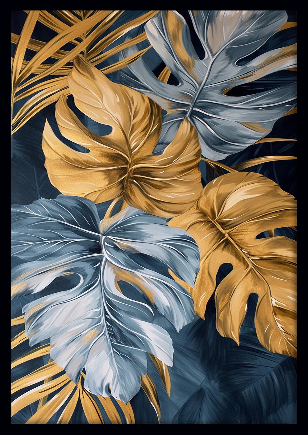Gold & Blue Tropical Leaves – Elegant Botanical Canvas & Poster Wall Art – T1229 – AiPrintLab