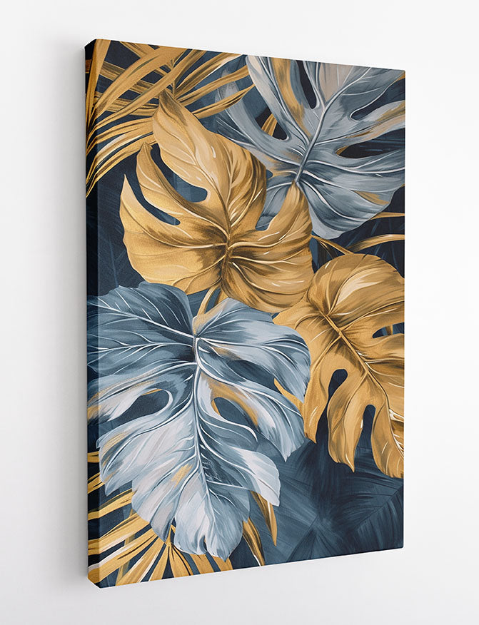 Gold & Blue Tropical Leaves – Elegant Botanical Canvas & Poster Wall Art – T1229 – AiPrintLab