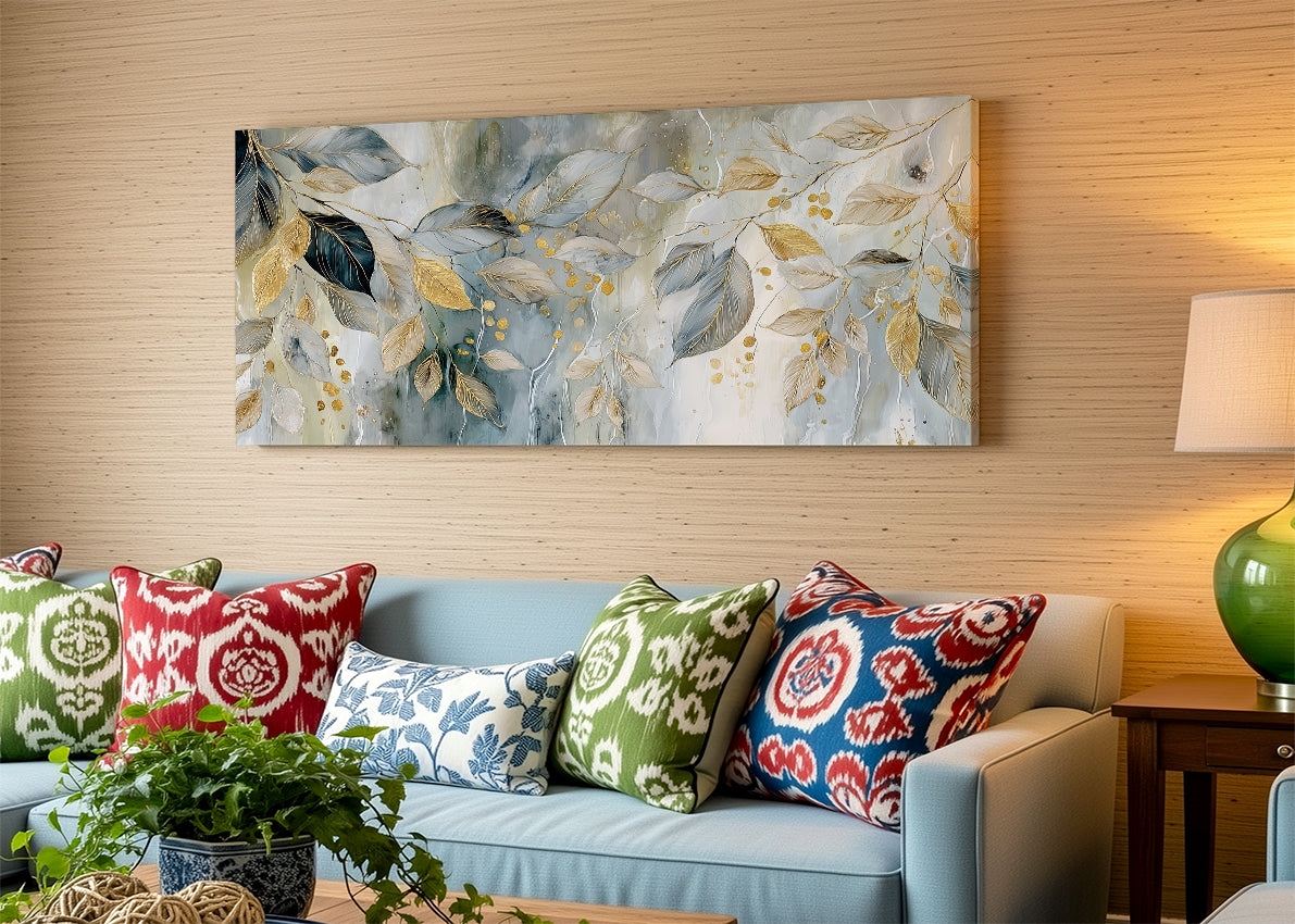 Gold Botanical Leaves Canvas Wall Art – Elegant Modern Nature Painting – Single & 3 Panel Canvas – AI PRINT LAB