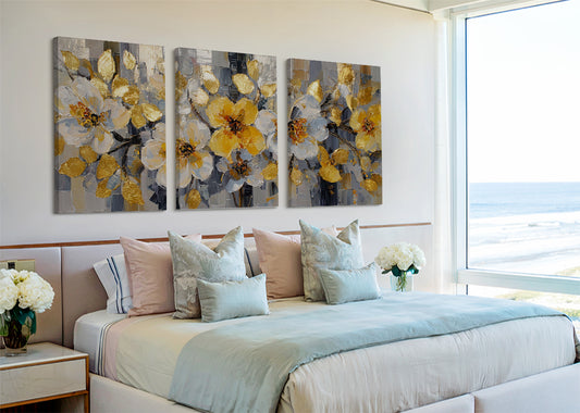 Gold & White Floral Canvas Wall Art – Elegant Modern Flower Painting – Single & 3 Panel Canvas – AI PRINT LAB