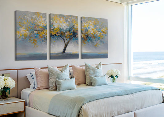Golden Abstract Tree Canvas Wall Art – Modern Nature Landscape Painting – Single & 3 Panel Canvas – AI PRINT LAB