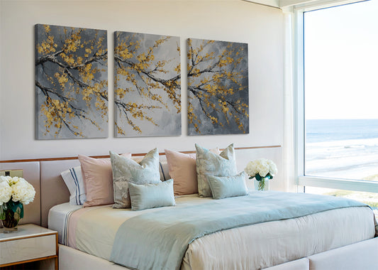 Golden Blossom Branch Canvas Wall Art – Elegant Botanical Tree Painting – Single & 3 Panel Canvas – AI PRINT LAB