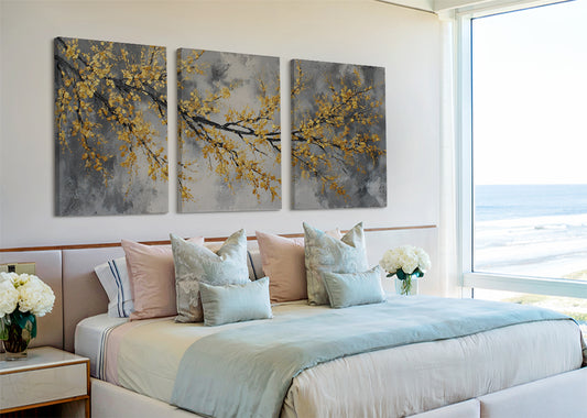 Golden Blossom Branch Canvas Wall Art – Elegant Grey Botanical Tree Painting – Single & 3 Panel Canvas – AI PRINT LAB