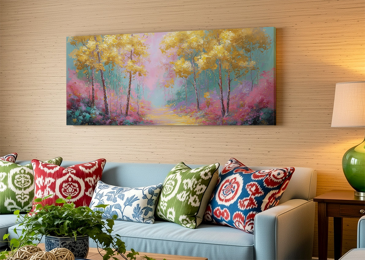 Golden Dream Forest Canvas Wall Art – Colorful Nature Landscape Painting – Single & 3 Panel Canvas – AI PRINT LAB