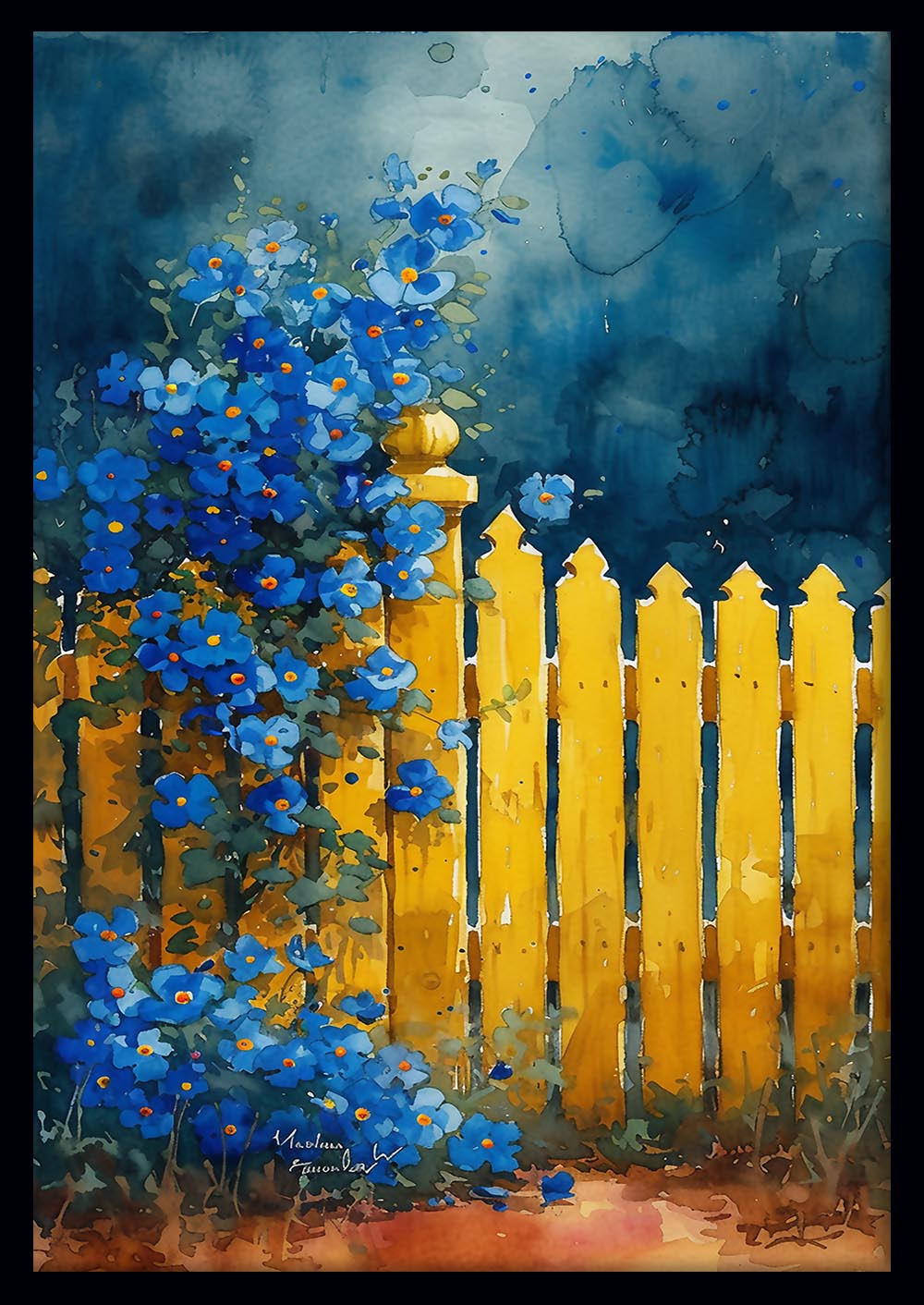 Golden Fence with Blue Flowers – Watercolor Floral Poster & Canvas Wall Art – T833 – AiPrintLab