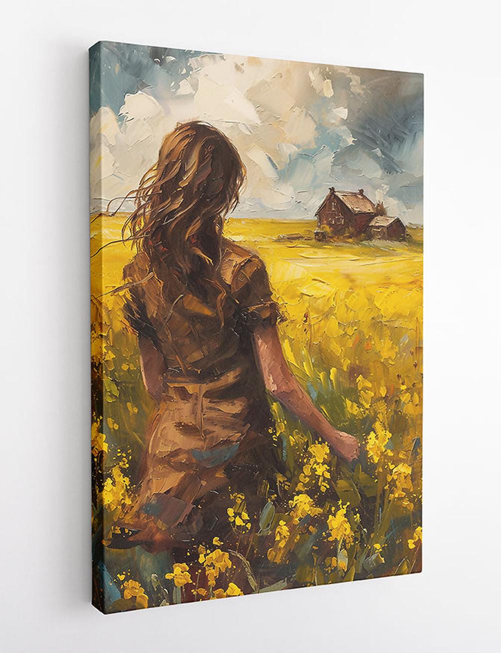 Golden Field Woman Painting – Rustic Countryside Canvas Art & Poster – T768 – AiPrintLab