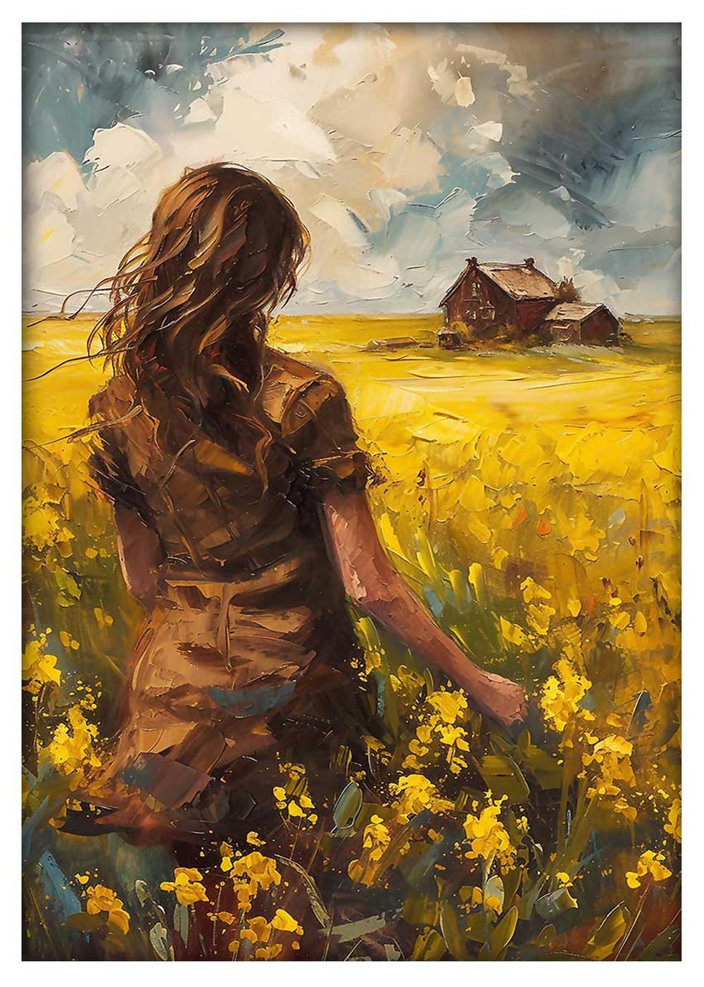 Golden Field Woman Painting – Rustic Countryside Canvas Art & Poster – T768 – AiPrintLab