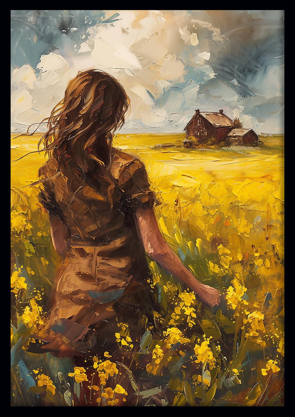 Golden Field Woman Painting – Rustic Countryside Canvas Art & Poster – T768 – AiPrintLab