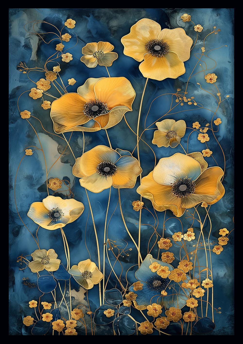 Golden Flowers on Midnight Blue – Elegant Floral Canvas & Poster Wall Art – T1211 – AiPrintLab