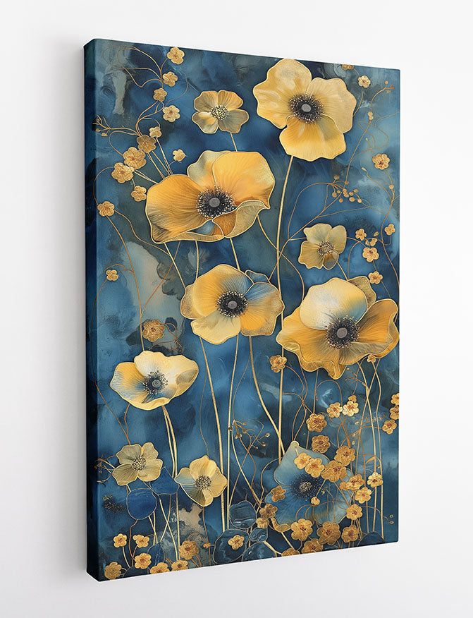 Golden Flowers on Midnight Blue – Elegant Floral Canvas & Poster Wall Art – T1211 – AiPrintLab