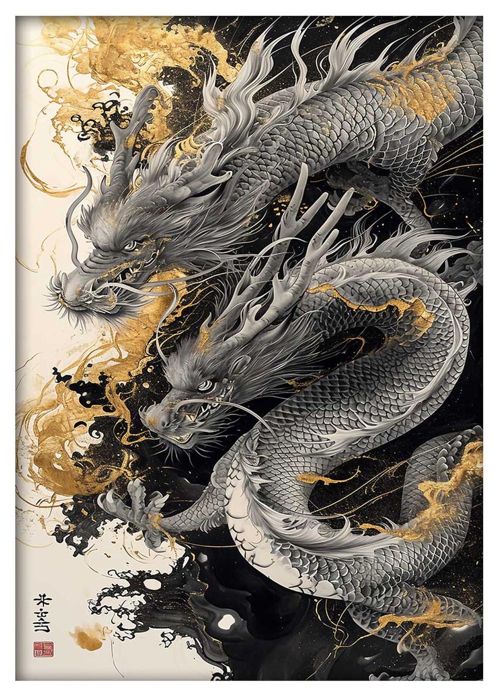 Golden Ink Japanese Dragon Canvas Print & Poster – T600 – AiPrintLab