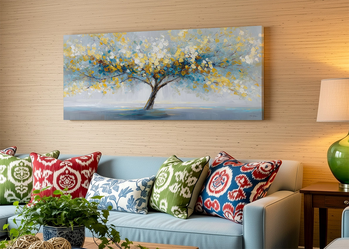 Golden Leaves Tree Canvas Wall Art – Modern Abstract Nature Landscape – Single & 3 Panel Canvas – AI PRINT LAB