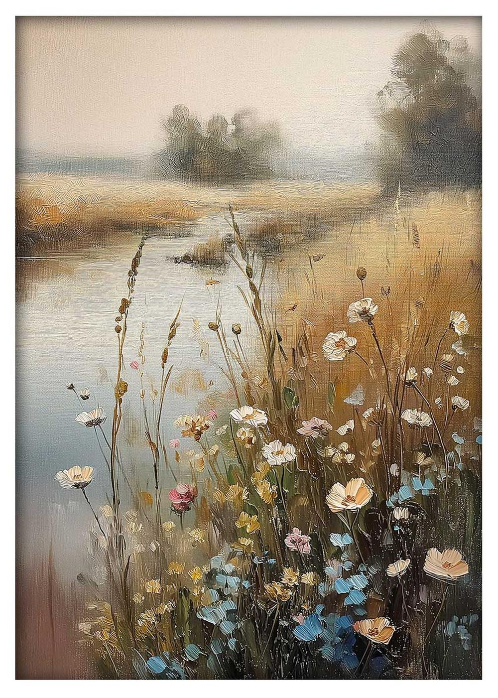 Golden Meadow & Riverbank Wildflowers Canvas Print & Poster – T602 – AiPrintLab