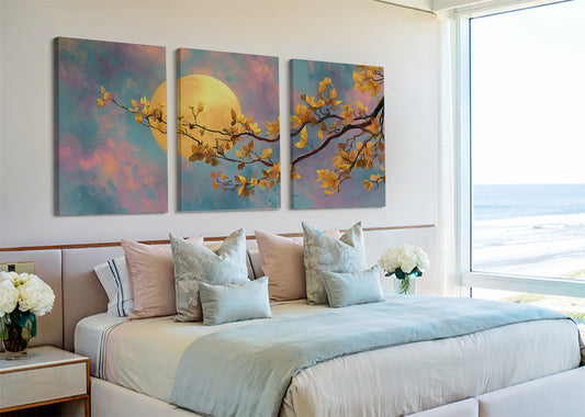 Golden Moon Blossom Canvas Wall Art – Dreamy Floral Moon Landscape – Single & 3 Panel Canvas – AI PRINT LAB