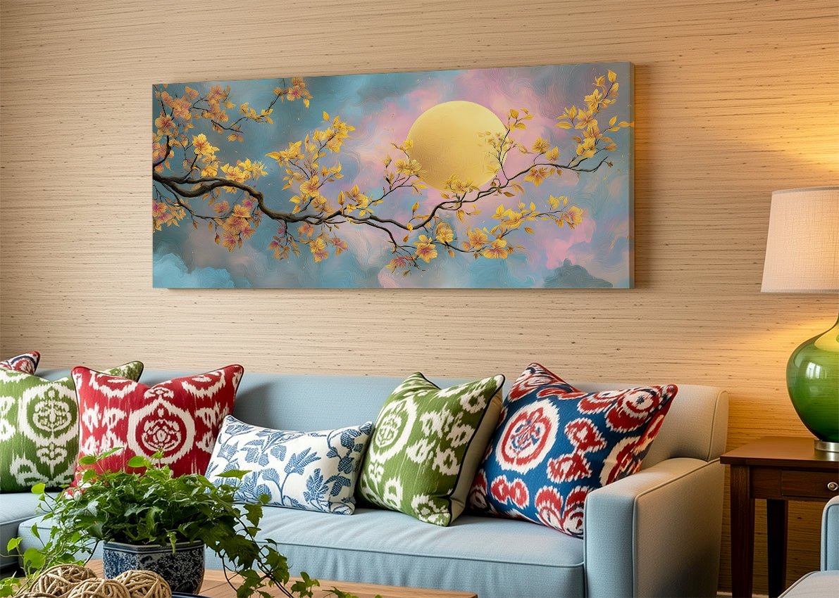 Golden Moon Blossom Canvas Wall Art – Elegant Floral Night Landscape – Single & 3 Panel Canvas – AI PRINT LAB