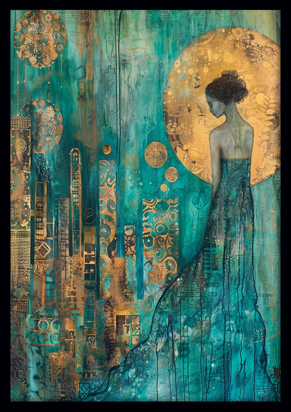 Golden Moon Lady – Abstract Elegance Canvas & Poster Wall Art – T1224 – AiPrintLab