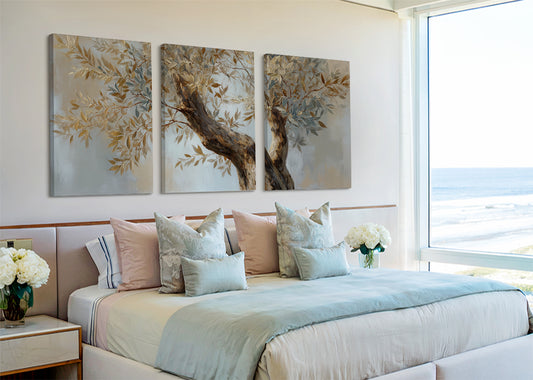 Golden Olive Branch Canvas Wall Art – Elegant Neutral Tree Painting – Single & 3 Panel Canvas – AI PRINT LAB