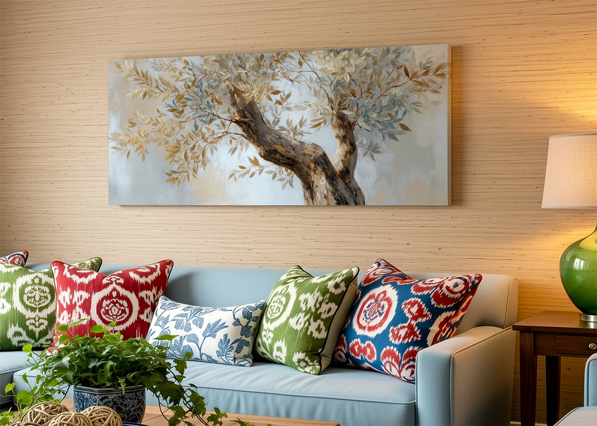 Golden Olive Branch Canvas Wall Art – Elegant Neutral Tree Painting – Single & 3 Panel Canvas – AI PRINT LAB