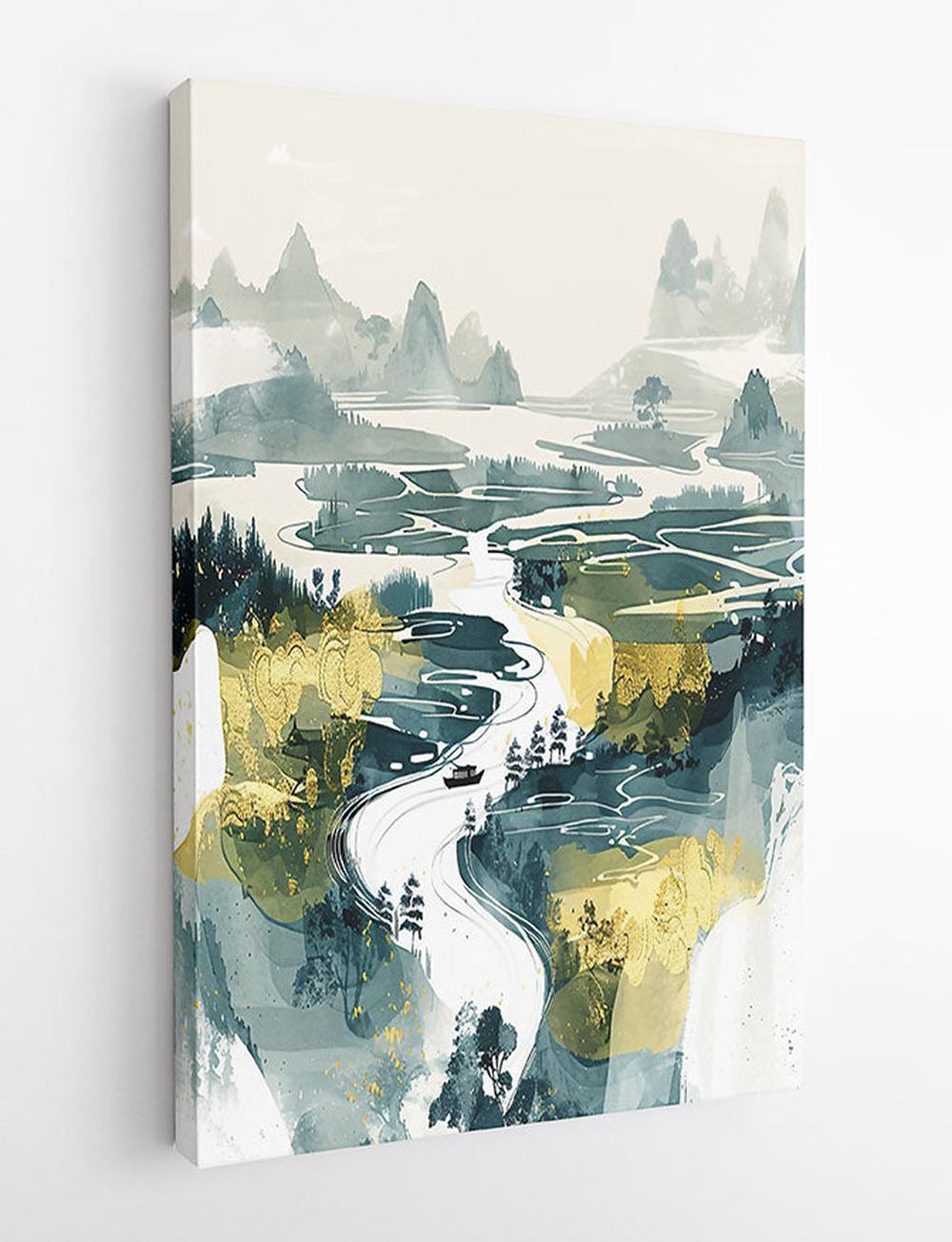 Golden River Flow – Abstract Asian Landscape Canvas & Poster Art – T810 – AiPrintLab