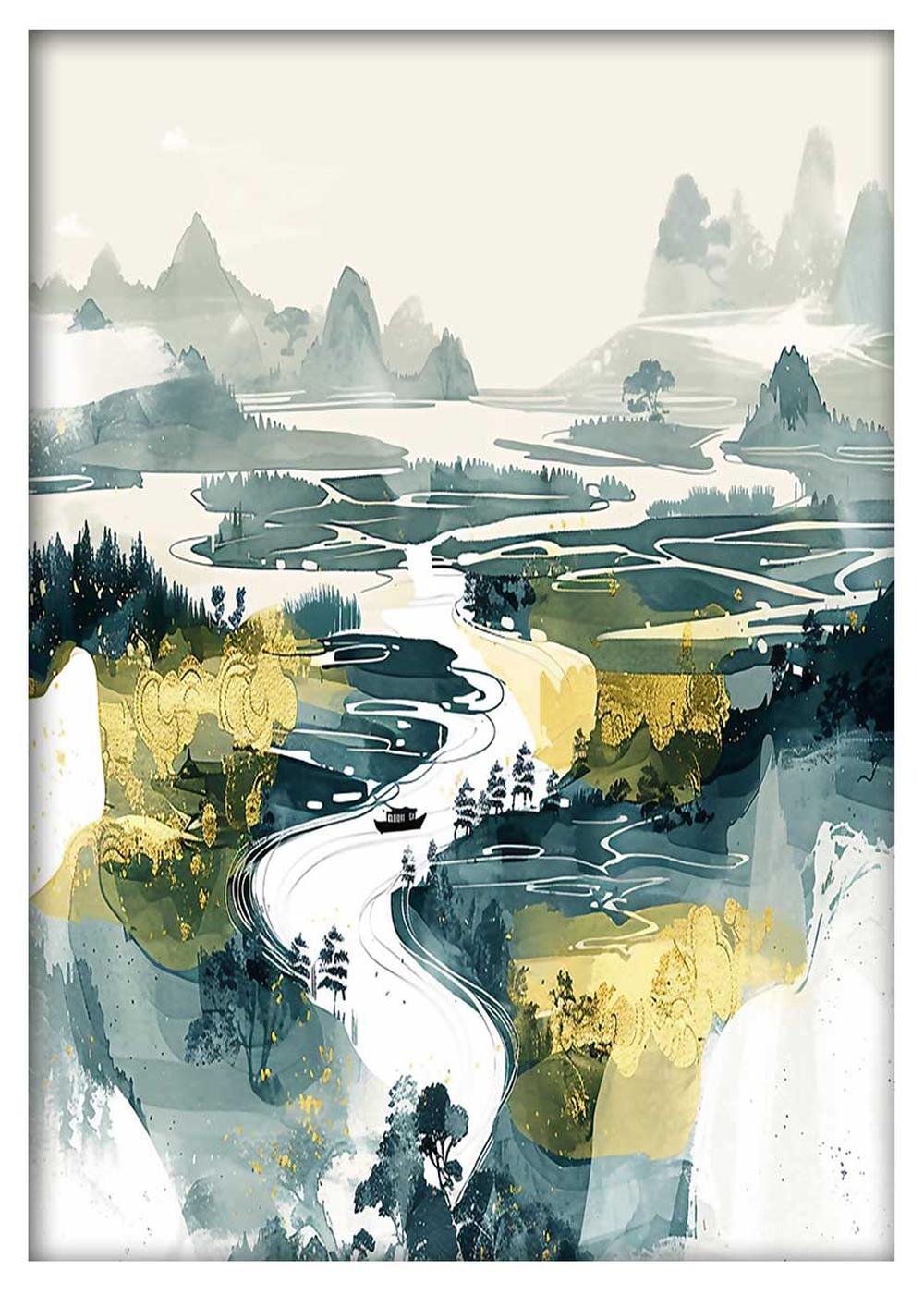 Golden River Flow – Abstract Asian Landscape Canvas & Poster Art – T810 – AiPrintLab
