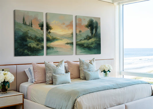 Golden River Hills Landscape Canvas Wall Art – Single & 3 Panel Canvas – AI PRINT LAB