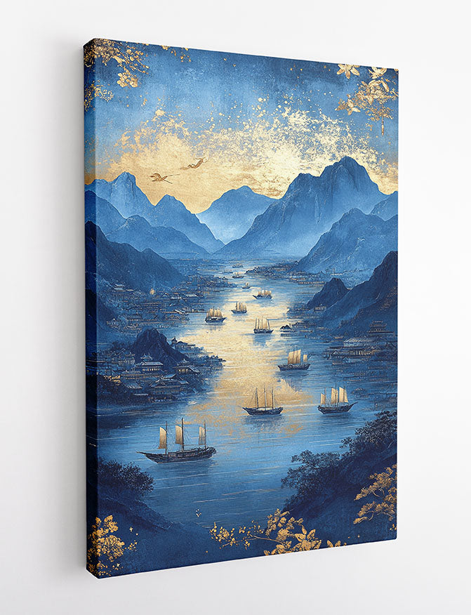 Golden River Through Blue Mountains – Oriental Landscape Canvas & Poster Art – T1434 –
