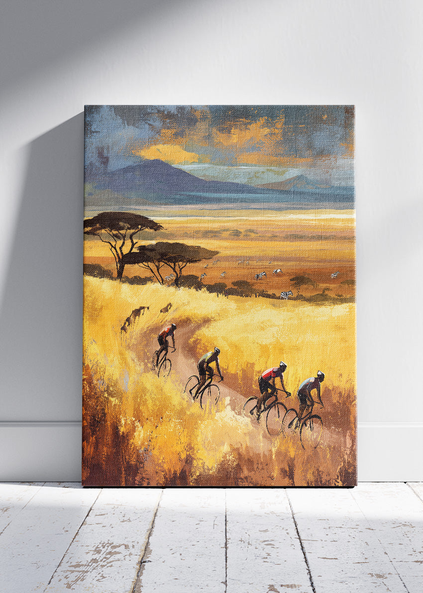 Golden Savanna Cycling Poster & Canvas Art Print – Endless Horizon Ride