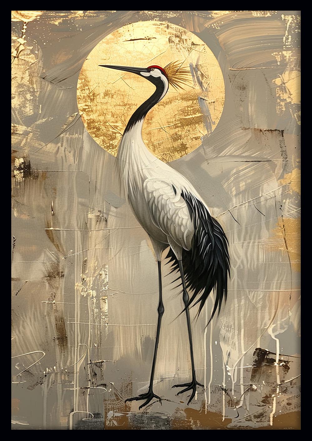 Golden Sun Crane – Elegant Japanese Bird Canvas Art & Poster Print – T1177 – AiPrintLab